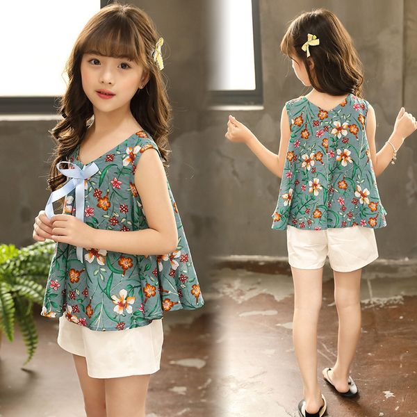 

clothing sets summer clothes for girls floral pattern vest solid shorts set teenage large kids 6 8 10 12 14 year, White