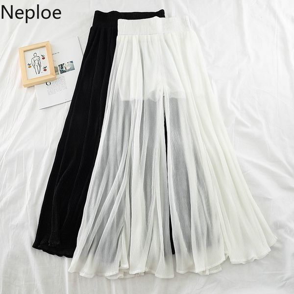 

neploe ruffle women pants beach patchwork mesh wide leg pants see through high waist trousers white black trouser pantalon 39453, Black;white