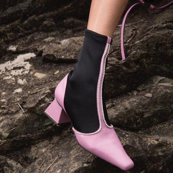 

2019 new european crystals stretch fabric strange heel women mid-calf boots slip-on square toe mixed color fashion boots women, Black