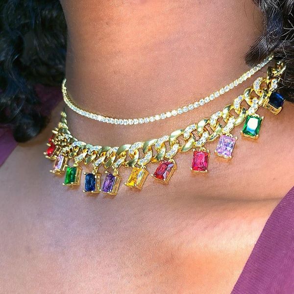 

rock style miami cuban chain choker jewelry with rainbow baguette cz drop charm links gold filled cz women short layer necklace, Silver