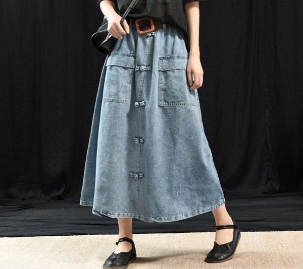 

skirts womens pocket buckle loose casual denim skirt female skirt with belt, Black