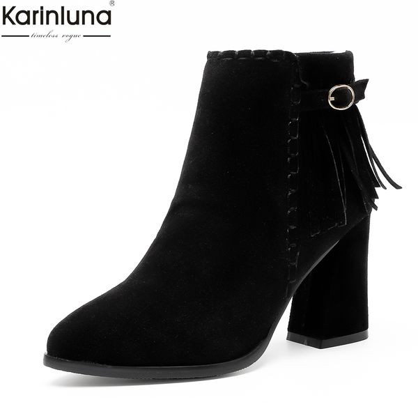 

karinluna new arrivals dropship plus sizes 34-43 high heels ankle boots women shoes fringes office lady shoes female boots, Black