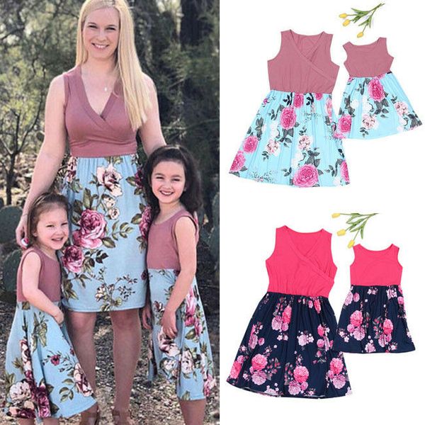 

2019 mom and daughter dresses floral matching mother daughter clothes casual women party dress kids girls beach family outfits, Blue