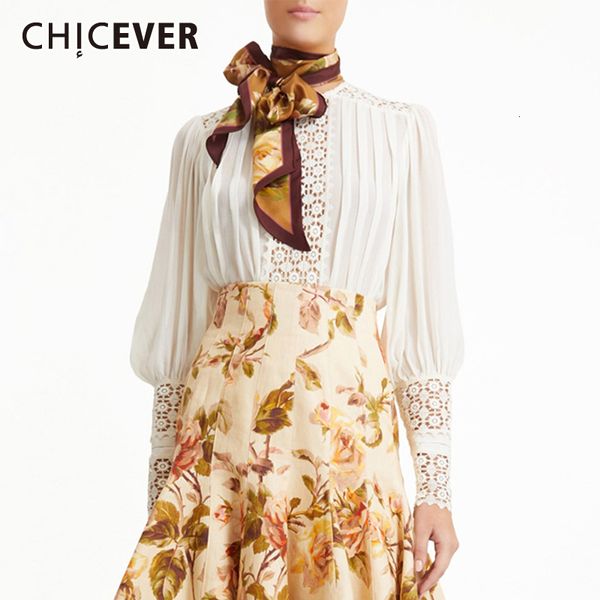 

chicever lace up bowknot women's blouse lantern sleeve o neck patchwork vintage shirt female fashion autumn 2019 new clothes, White