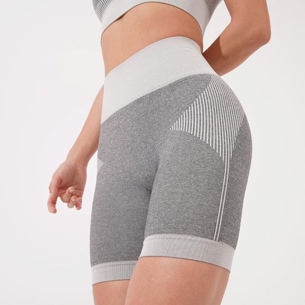 

yoga outfits seamless gym shorts women strip design high waist tummy control half-length sports short fitness pant summer activewear, White;red