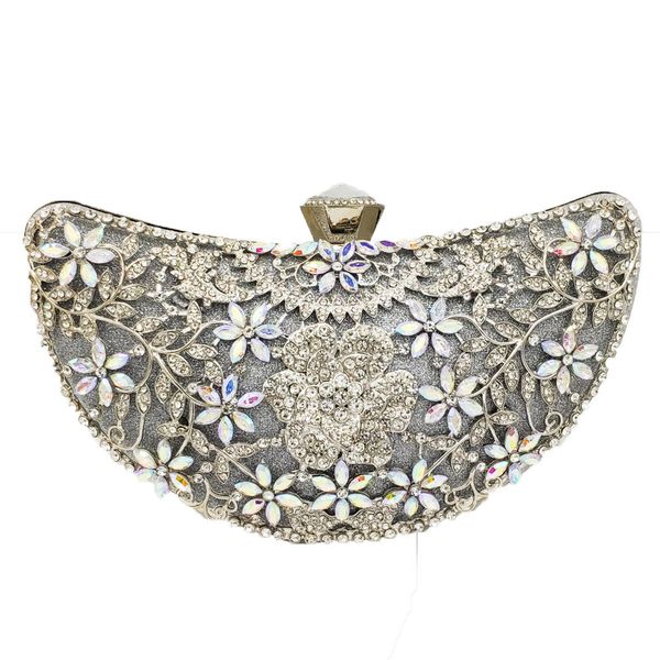

double flower flowers women metal clutches evening handbags and purses bridal wedding party crystal floral bag gold\silver