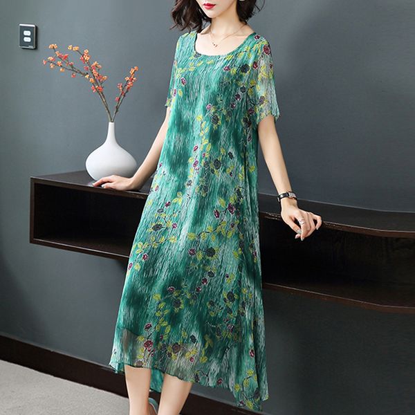 

silk dress plus size loose vintage women print dresses 2019 summer new pattern lady beach casual costumes vestidos, Black;gray