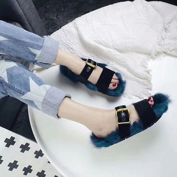 

бархат зимой волосы дамы сандалии плюшевых регулируемые пряжки обувь удобные тапочки моды бренды обувь для леди, Black