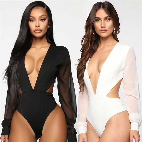 

women deep v neck mesh long sleeve bodysuit romper jumpsuit leotard blouse black bodycon clubwear, Black;white