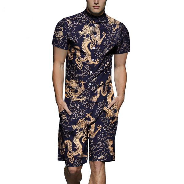 

3d dragon print rompers mens summer beach jumpsuit short sleeve playsuit harem cargo overalls one piece plus size 3xl men set, Black