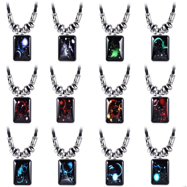 Luminöser Anhänger Halsketten Männer Galaxy Constellation 12 Zodiac -Design Horoskop Schwarzes Seilkette Vintage Harz Rechteck Schmuck für Frauen