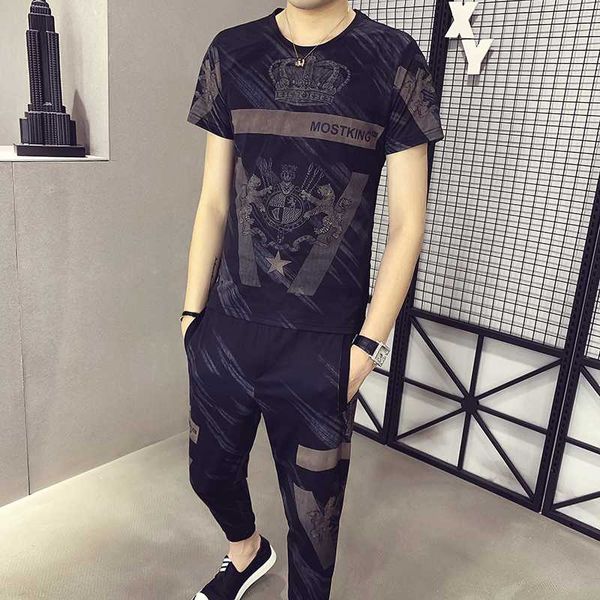 

tracksuit and pants men personality printing 2 piece set men pantaloni tuta uomo short sleeve t shirt, Gray