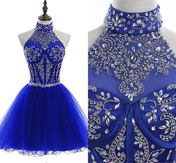 2019 Royal Blue High Neck Short Homecoming Dresses Strass Strass Bloccato Backless Cocktail Party Abiti da sera a buon mercato Abito da ballo Abito Pageant