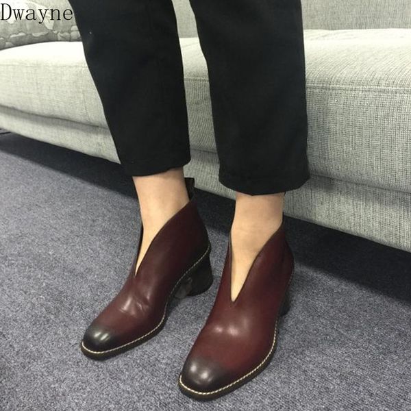 

autumn square head with women's ankle boots high heel leather boots women's winter v mouth single, Black