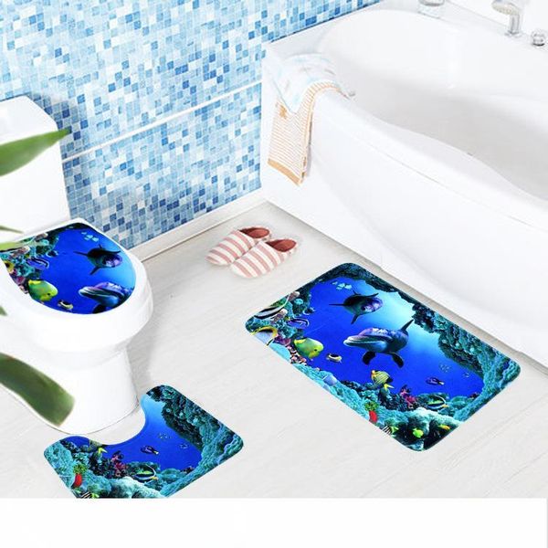 

2018 3pcs anti slip bath mats bathroom rugs ocean underwater world toilet mat carpet lid toilet cover bathroom mats
