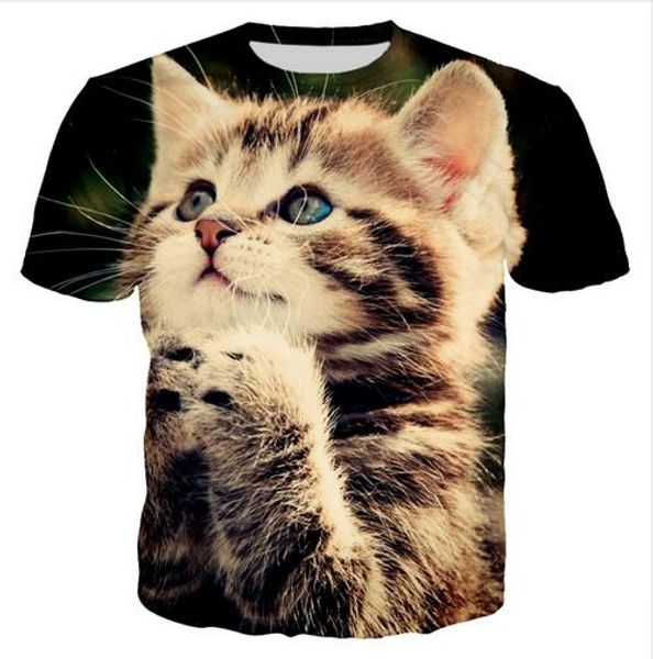 

летний стиль мужчины/женщины с коротким рукавом футболки животных молитва кошка 3d цифровой печати футболки для тройников рубашки свободные, White;black