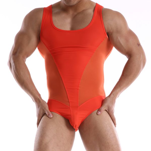 

casual men nylon bodysuit elasticity one piece swimsuit slim body fitness underwear comfortable gauze patchwork undershirt, Black;brown