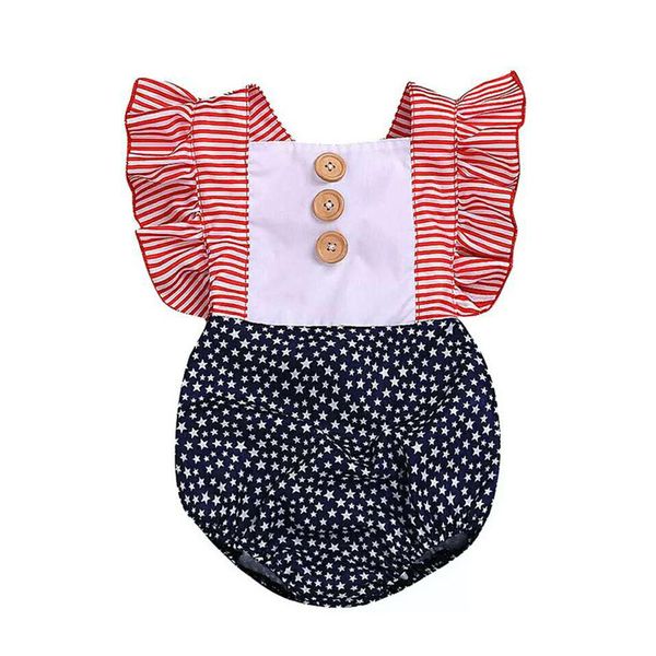 

baby summer star rompers pleated square collar american flag independence national day usa 4th july female baby stripe ruffled jumpsuit, Blue
