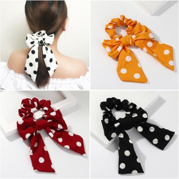 

wkoud fashion wave point print scrunchie women hair scarf elastic hairband bow hair rubber ropes girls ties accessories, Golden;white