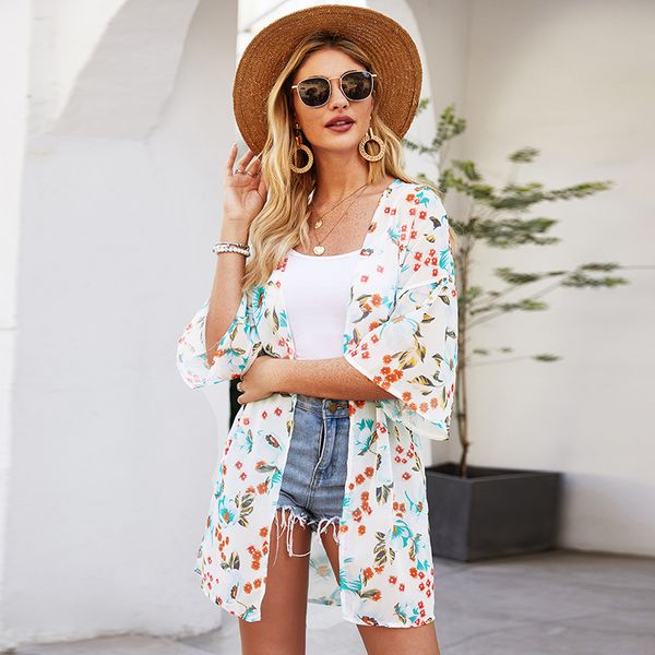 

sarongs floral print half sleeve women summer kimono cardigan 2021 arrival girls bikini cover ups loose casual female blouse blusa, Blue;gray