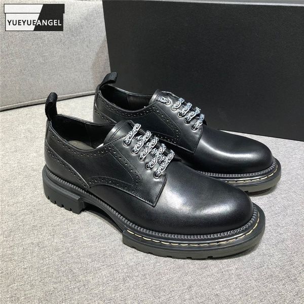 

british casual brogue shoes mens retro printed carved lace up cowhide thick bottom business formal genuine leather dress shoes, Black