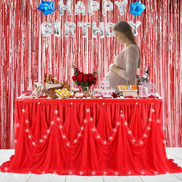 

led diamond style table skirt solid multi-layer tulle tutu w/ light table decoration for party wedding birthday baby shower
