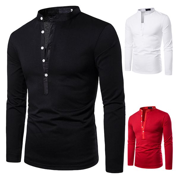 

2019 button new long-sleeved slim fit polos shirts men casual solid men's clothing autumn hombre camisa masculina, White;black
