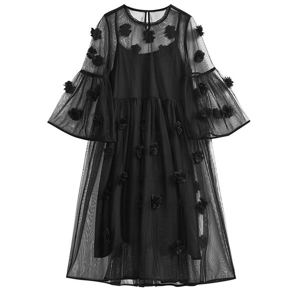 

women three-dimensional flower mesh two piece dress new round neck long sleeve loose fit fashion spring summer 2020 v828, Black;gray