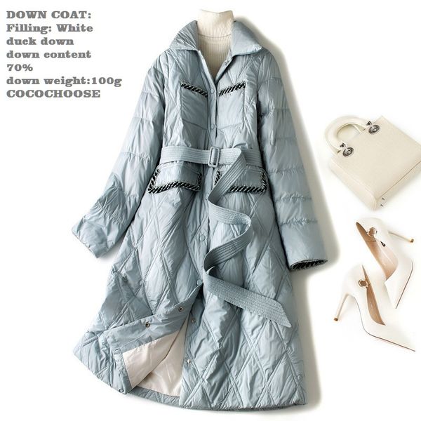 

женщины 2019 осень зима парки пояса отложным воротником стеганые белая утка мягкий теплый длинное пальто синий черный желтый, Black