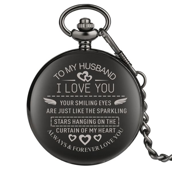 

to my husband design antique black quartz pocket watch arabic numerals display pendant watch vintage clock couples anniversary, Slivery;golden
