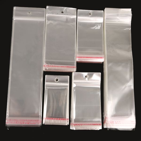 

wholesale 100pcs/lot clear self adhesive seal plastic storage bag opp poly pack bag retail packaging package with hang hole