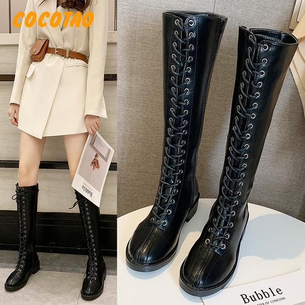 

lace long boots female 2019 new fashion wild autumn and winter riding boots high tube but knee small man knight, Black