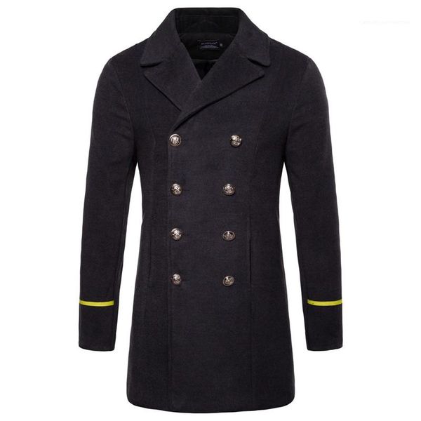 

peacoat double breasted homme coat with stripe decoration in cuff fashion male long coat designer mens solid, Black