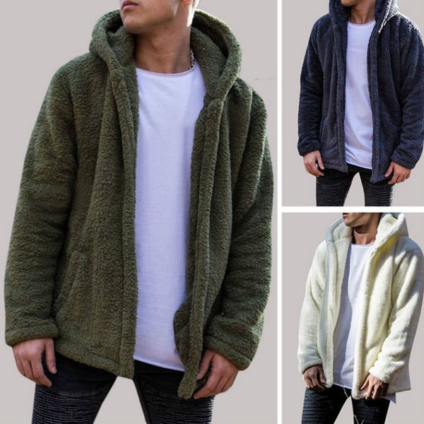 

winter warm men winter thick hoodies fluffy fleece fur jacket hooded coat outerwear long sleeve cardigans, Black