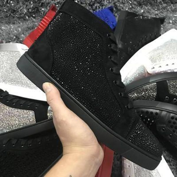 

wholesale famous designer brand for men gold silver rhinestone red bottom sneakers lovers genuine leather high casual flats shoes, Black