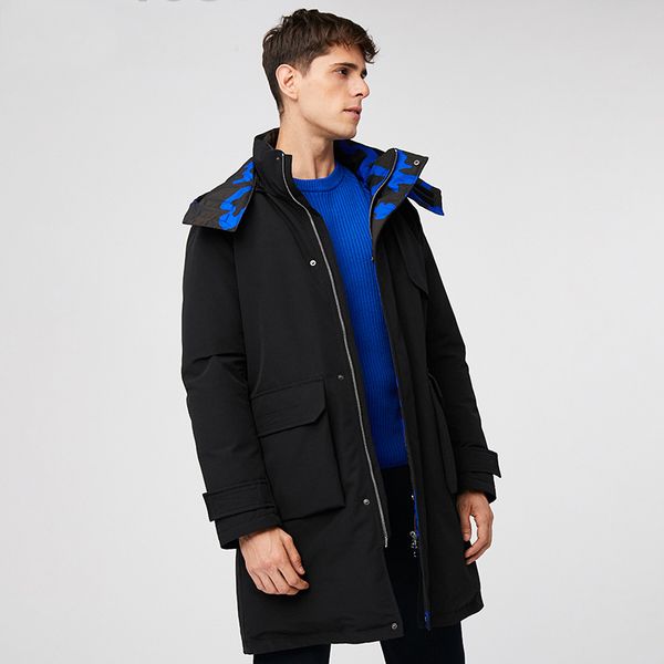 

2019 new mens winter medium-long down jacket hooded windproof warm outerwear camouflage inside with single breasted, Black
