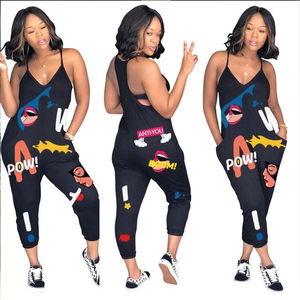

summer women's fashion casual printed jumpsuit condole with v-neck jumpsuit, Black;white