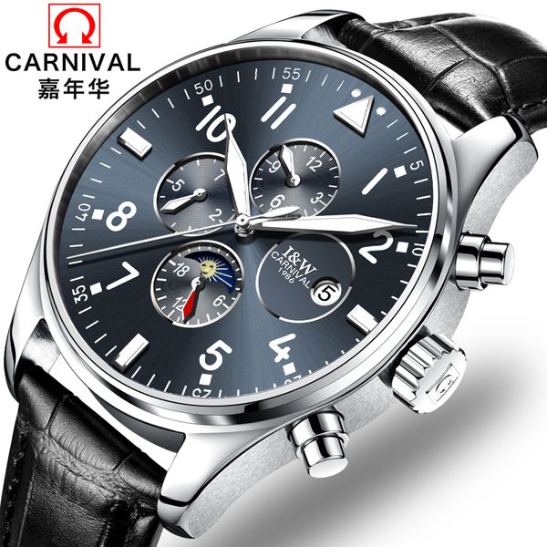 

carnival 2019 latest mechanical watch 30 meters waterproof full calendar date casual sports fashion mechanical watch, Slivery;brown