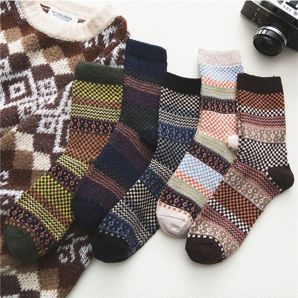 

1 pair men socks vintage striped totem winter warm teenager merino wool socks wool thick thermal for male, Black