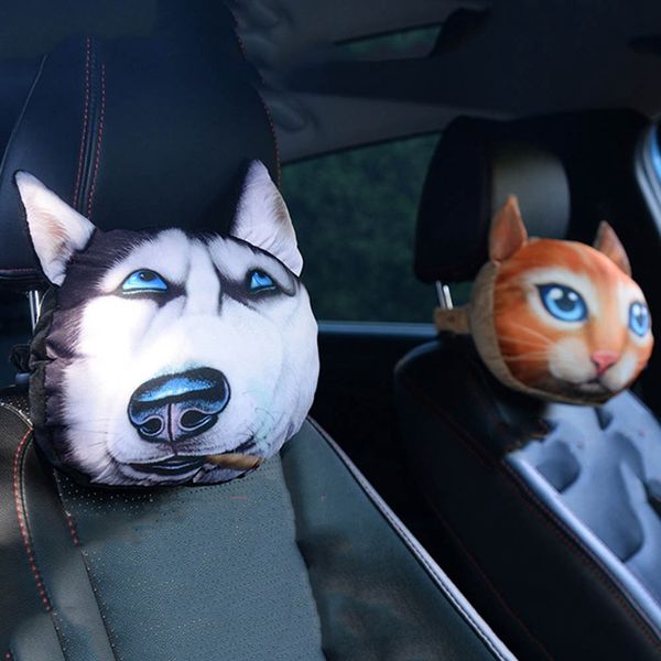 

25*25*10cm 3d cat dog cute printing animals head car seat covers neck rest plush cushion safety headrest with filling
