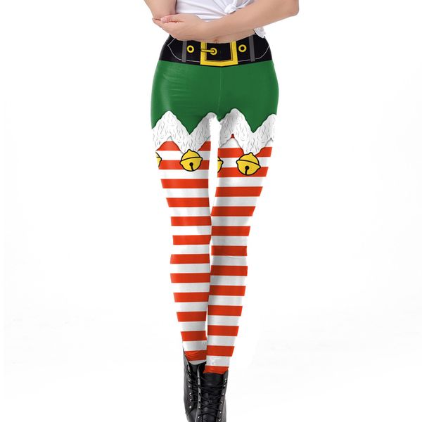 

women christmas bell stripe printed leggings tighten high waist pencil pants elastic slim fitness workout trousers #yj, Black