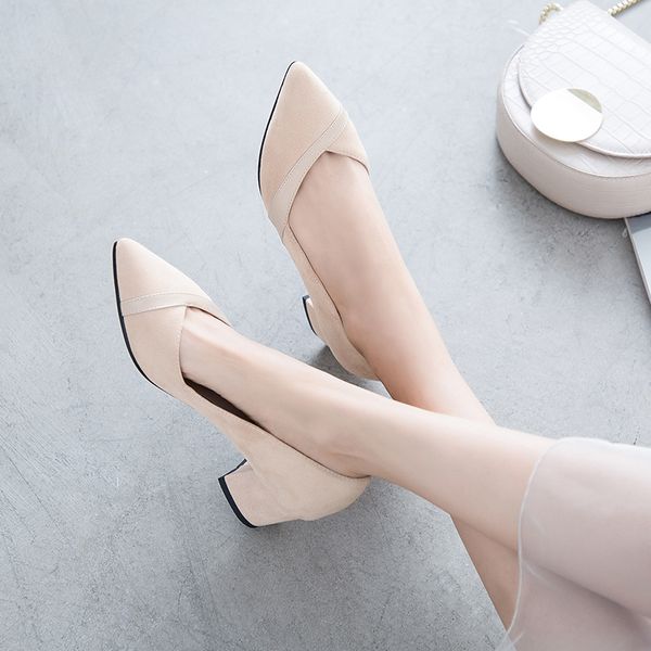 

2020 ladies thick high heels shoes women pumps pointed toe work shoes stitching cloth slip on high heels spring footwear 32-43, Black