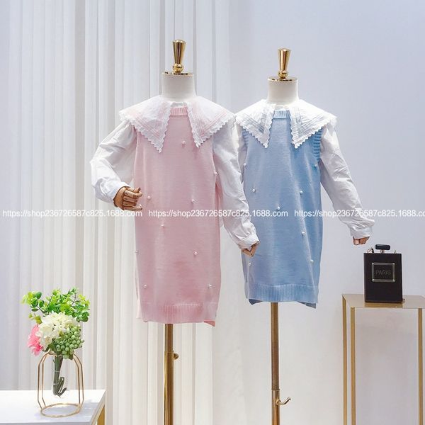 

children's clothing 2020 spring new girl fashion big lapel bottoming shirt knitted vest dress two-piece suit tide, White