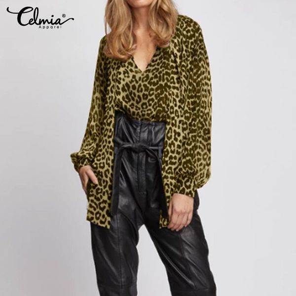 

plus size 5xl celmia elegant office bow tie shirt tunic women leopard print blouse stylish long sleeve casual loose blusas, White
