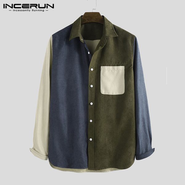

incerun corduroy patchwork outwear fashion pockets long sleeve casual shirts lapel button high street mens blouse camisas hombre, White;black