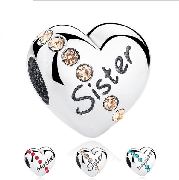 

solid 925 sterling silver rhinestone love heart beads mom daughter sister hearts charm for diy jewelry accessories, Black