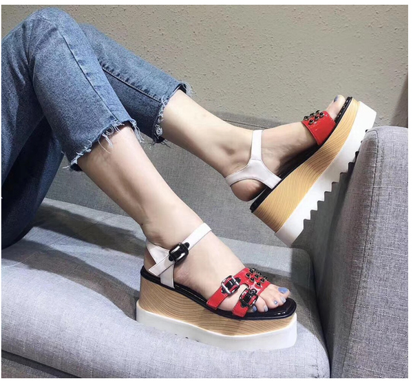 

sandals women's summer 2020 net red fairy style genuine leather belt with fashion wild wedge heel increased thick-soled sponge s, Black