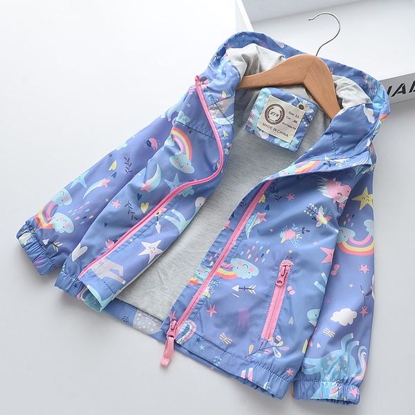 

new spring girls coat cartoon unicorn baby girls jackets hooded kids windbreaker autumn children outerwear coats clothing, Blue;gray