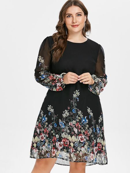 

wipalo multi color plus size floral embroidery tunic dress spring summer elegant tribal flower print vocation dress vestidos 5xl j190531, Black;pink