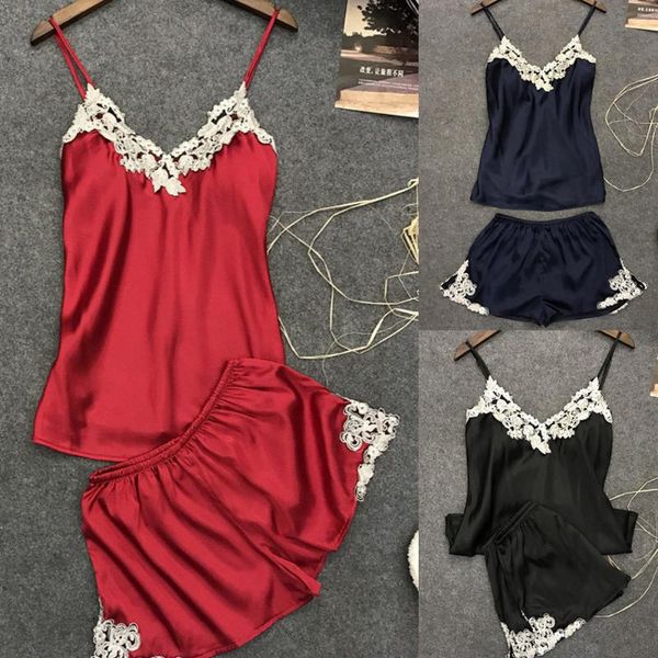 

fashion lace flower pajamas for women sleep lounge pajama set satin sleepwear women summer pyjama femme silk robes soft2020, Black;red